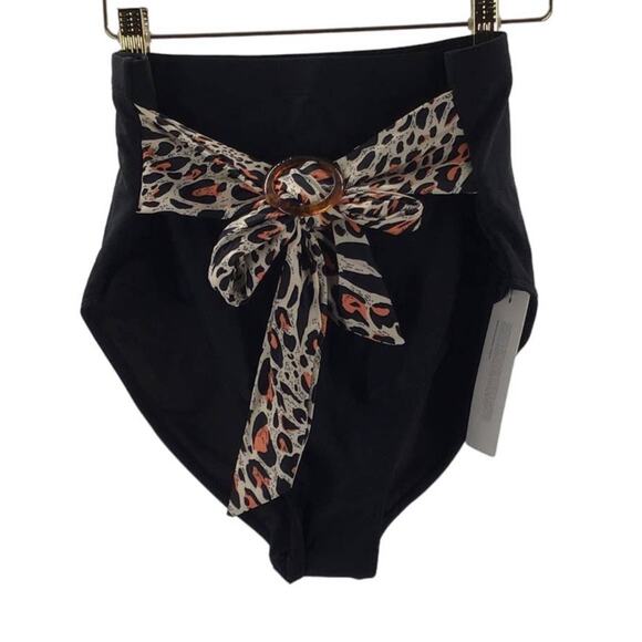 BLOOMCHIC 12 L black leopard print belted buckle high waist swim bottom NWT B92 - Picture 2 of 8